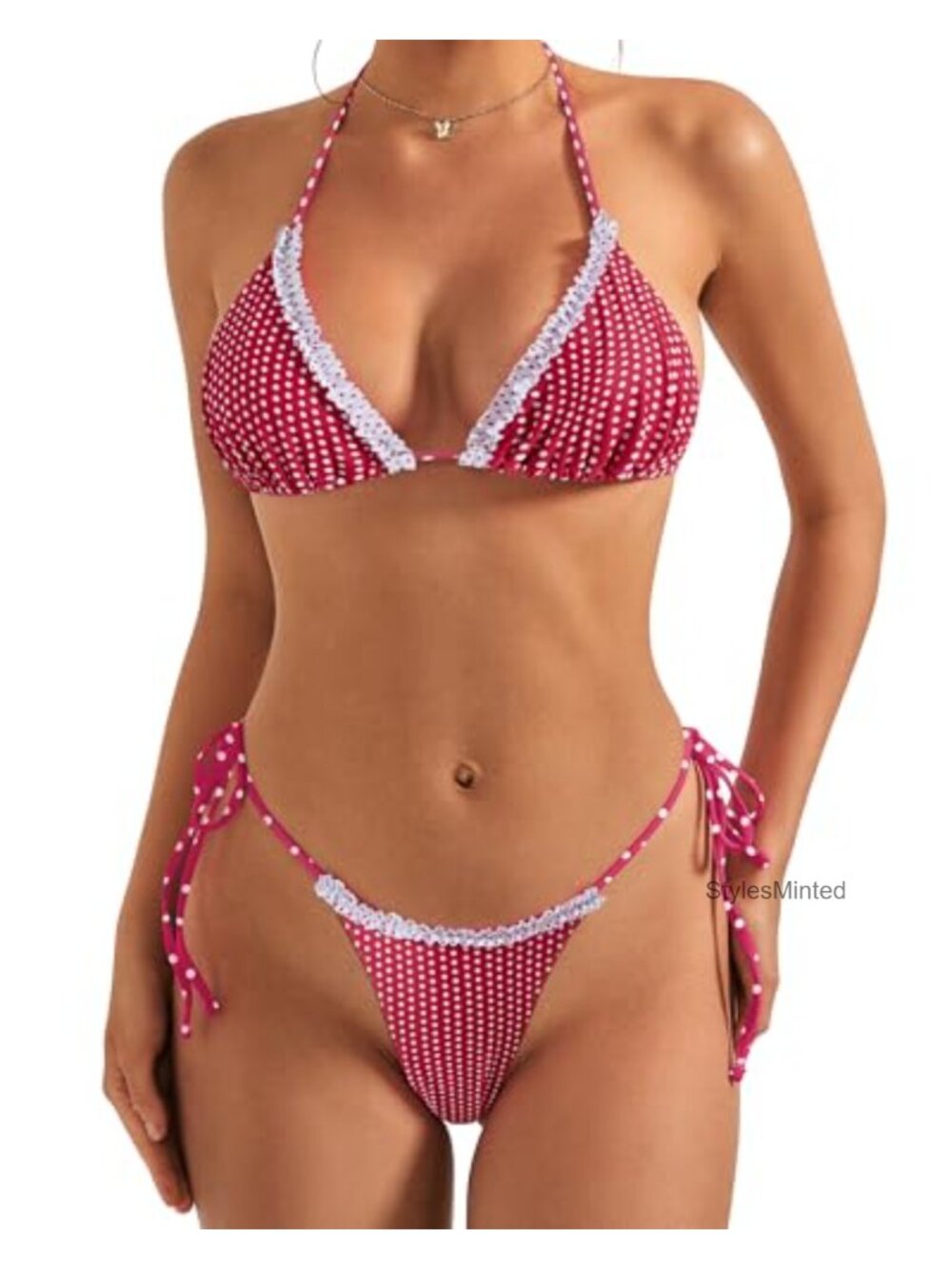 Women Ruffle Thong Bikini Set Halter Triangle 2 Piece Swimsuit Adjustable Straps